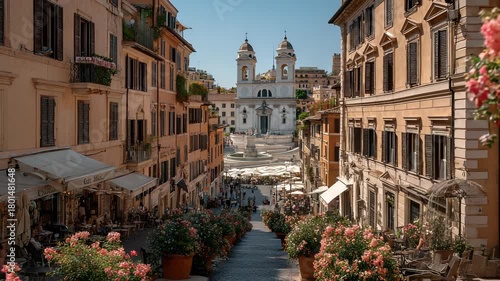 Scenic View of the Spanish Steps and Trinità dei Monti Church in Rome, Italy, Featuring Cobblestone Street and Outdoor Cafes