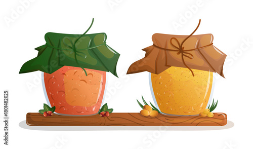 Set of two fruit tea jars with currant and sea buckthorn. Illustration of two glass jars containing homemade fruit tea or jam with currant and sea buckthorn, decorated with leaves and rustic covers.