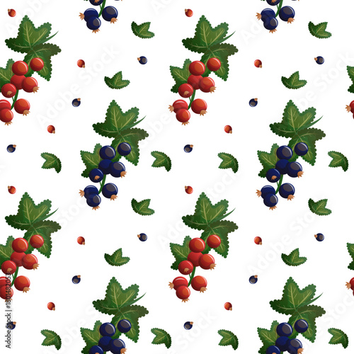 Seamless currant berry pattern with red and black clusters. Repeating seamless pattern featuring red and black currant branches with green leaves, ideal for textiles, packaging and decorative designs.