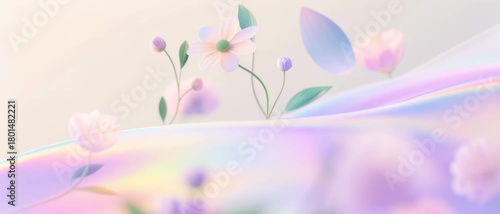 Blooming Display, Ethereal Daisies and Leaves, Surreal Space, Digital Art, Pastel Holographic Landscape, Close-Up Viewpoint, Dreamy Floral Concept