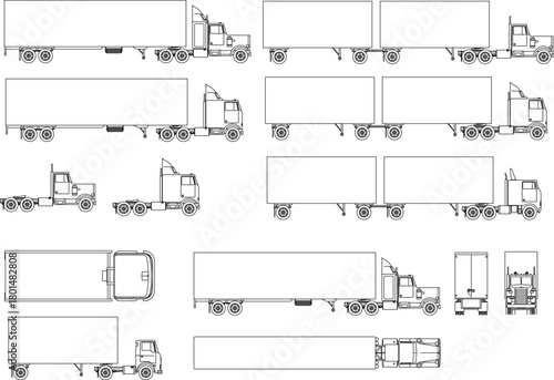 Technical vector set of classic semi-trailer trucks and tractor units in various side, front, rear, and top views.