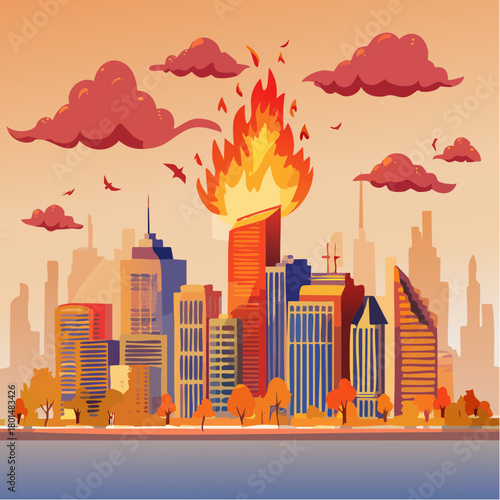 chaos concept, burning city with fire flame smoke, represent violence protest recession inflating, vector
