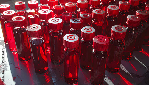 Red Liquid Vials: A multitude of meticulously arranged glass vials, each filled with a vibrant red liquid. This image evokes feelings of both curiosity and scientific rigor.