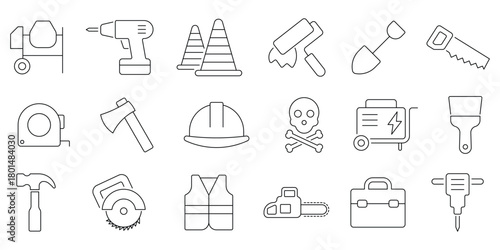 Construction tools line icon set. Comprehensive handyman and construction icon set. Containing, engineering, equipment, helmet, tool, builder, labour day and more icons. Vector illustration.