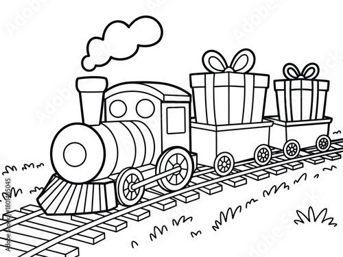 A festive steam train is hauling gifts and presents on a railway track, ready for Christmas delivery.