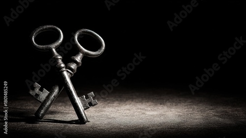 soliloquy. Two antique skeleton keys crossed on a dark textured background with dramatic shadows. lifestyle magazines.