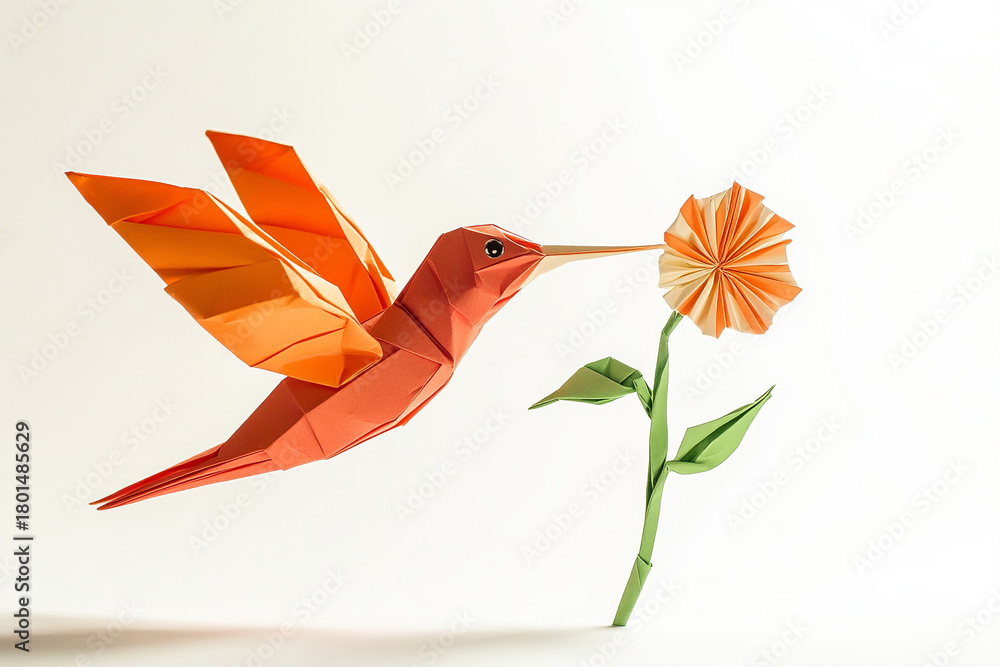 Fototapeta premium Unique paper art hummingbird shows beauty, hovering and nice, and shows the flower on the design frame. Wonderful design, hummingbird is beauty and flying.
