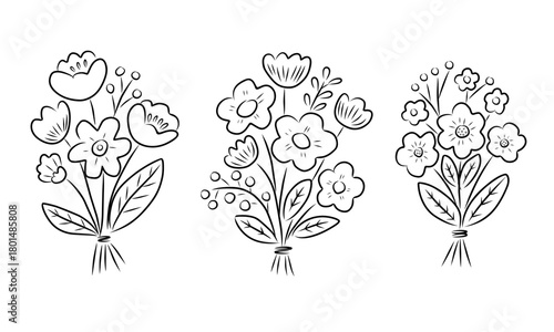 Hand-Drawn Flower Bouquet Line Art Illustration Set