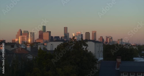 Drone View of Houston Downtown Skyline at Golden Hour from Third Ward Neighborhood | 4K