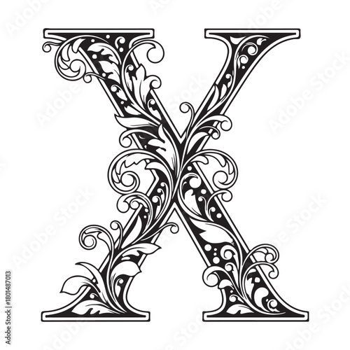 Ornate letter X features intricate floral scrollwork with a bold, decorative black and white design