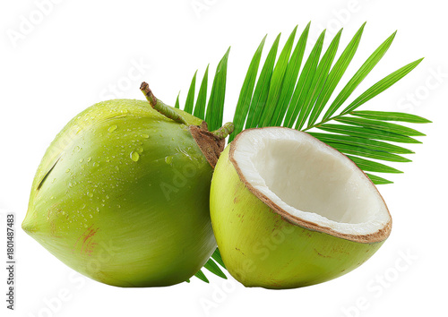 Fresh green coconut and a palm frond on black