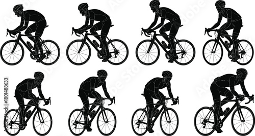 Cyclist silhouette vector set, black road bike rider motion sequence, editable sports artwork, commercial-ready, print-ready, premium design
