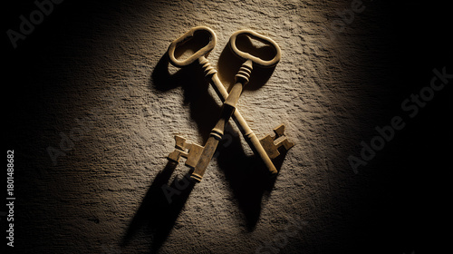 Two antique skeleton keys crossed on a dark textured background with dramatic shadows. lifestyle magazines.