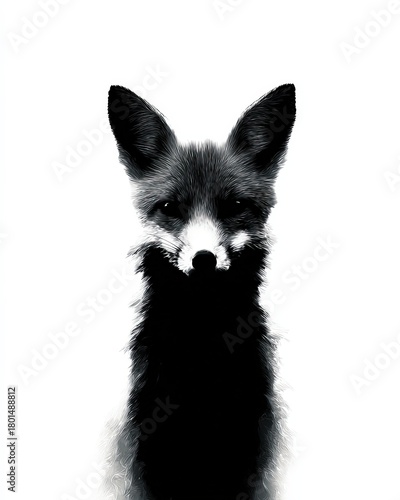 Minimalist Black and White Fox Illustration.Stylized digital artwork of a fox in high contrast black and white, standing on a white background. Modern and bold design with sharp, minimalist lines.