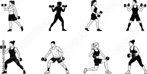 Dumbbell exercise vector set, black fitness poses with strength training movements, editable workout artwork, commercial-ready, print-ready, premium design