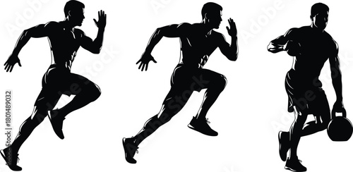 Fitness silhouette vector illustration, athletic male poses, editable workout icons, commercial-ready, print-ready, premium design