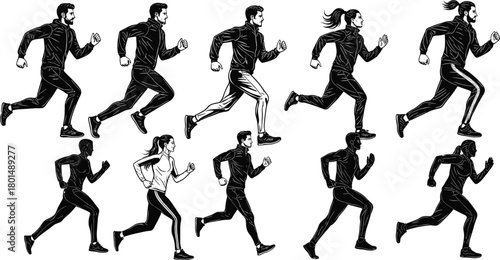 Running silhouette vector set, black athletic motion poses, editable sports artwork, commercial-ready, print-ready, premium design