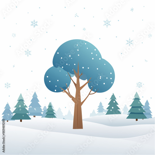 winter season landscape background, tree and falling snow