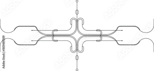 Microfluidic device vector layout, symmetrical lab-on-a-chip channel design, editable biomedical artwork, commercial-ready, print-ready, premium schematic