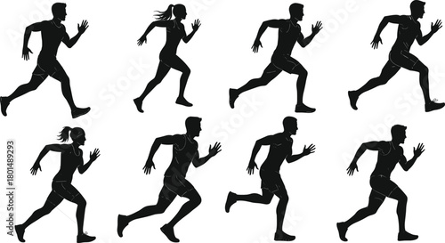 Running silhouette vector set, black athletic motion poses, editable sports artwork, commercial-ready, print-ready, premium  