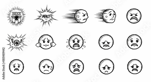 Collection of Hand-Drawn Cartoon Faces Expressing Various Negative Emotions.