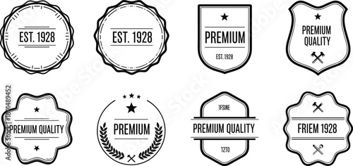 Vintage badge vector set, black-and-white premium labels with retro typography, editable logo elements, commercial-ready, print-ready, premium design