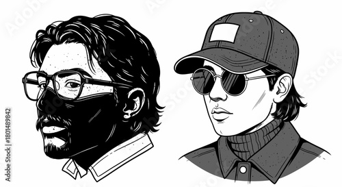 Two portraits of men with different styles and accessories.