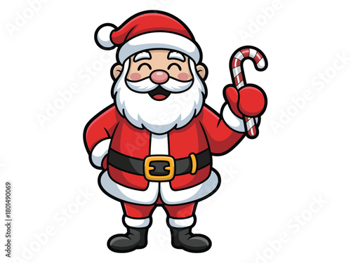A cheerful cartoon illustration of Santa Claus holding a candy cane, ready to spread holiday cheer and gifts.