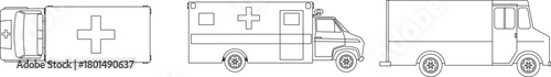 Technical vector drawing of an ambulance in top plan and side elevation view, next to a commercial delivery van.