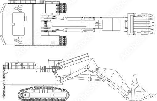Technical vector drawing of a heavy tracked excavator or mining shovel in top-down plan and side elevation views.