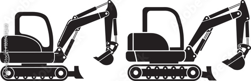 Two excavator machine silhouettes construction equipment