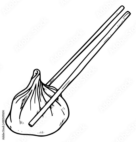 Sushi chopsticks hold a khinkali with meat in the air.