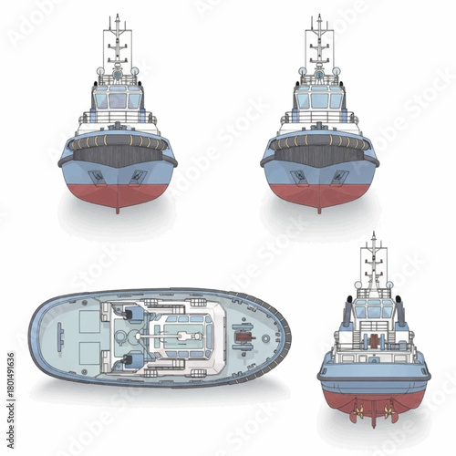 Tugboat Vessel Blueprint Multiple Views White Background