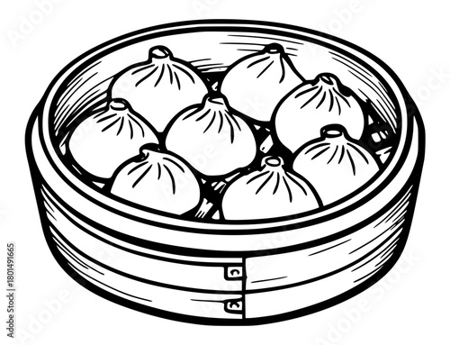 Steamed dumplings in a wooden round dough pan