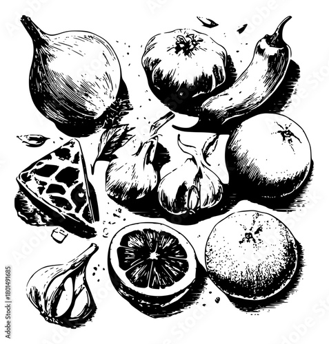 Vector illustration of spices garlic and a bunch of vegetables
