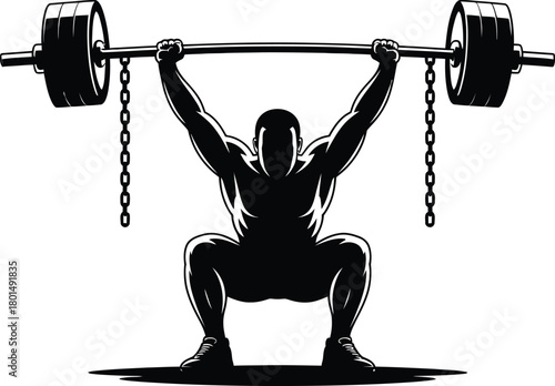 Silhouette of man performing overhead barbell squat in gym weightlifting strength