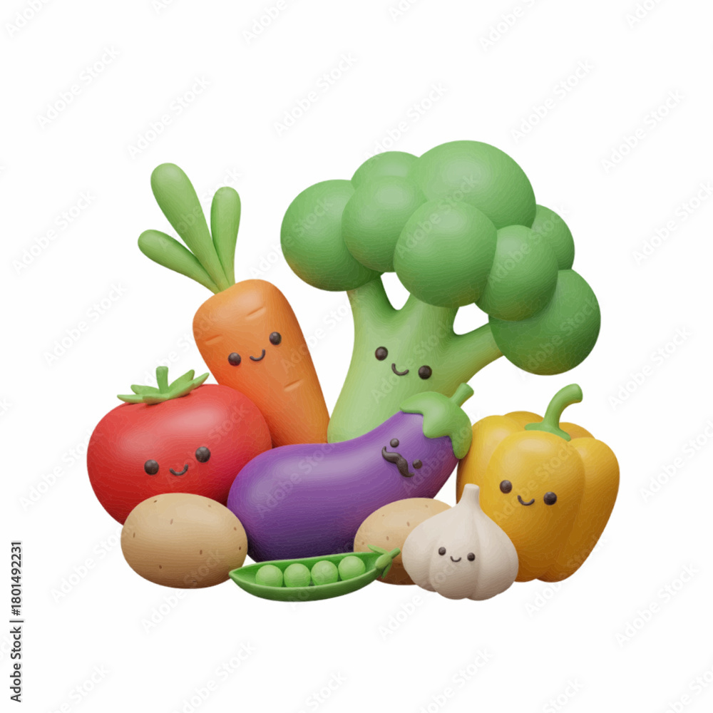 Obraz premium Cute 3D Cartoon Vegetables Healthy Food Group Isolated White Background