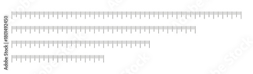 Ruler scale 100mm, 150 mm, 200mm and 250mm without numbers collection. Set of measuring chart with 10cm, 15cm, 20cm and 25 centimeters. Ruler scale template. Length measurement height, math, distance,