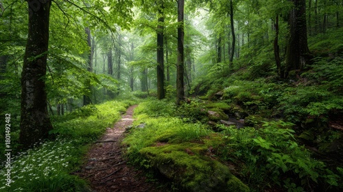 Vibrant forest scene with towering trees, soft mist, and ferny understory in spring and summer