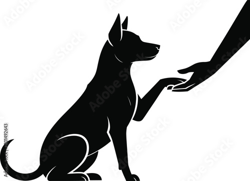 Silhouette of a dog offering its paw to a human hand on white vector illustration