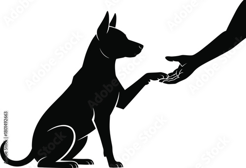 Silhouette of a dog offering its paw to a human hand on white vector illustration