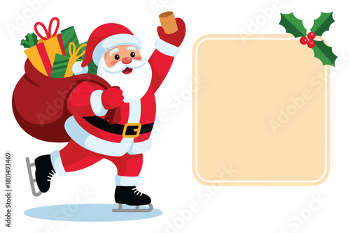 Santa Claus on ice skates holding a cup, carrying a sack of gifts and waving with a blank space for text.