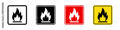 Warning fire icon set. Signaling flame, heat, or danger.