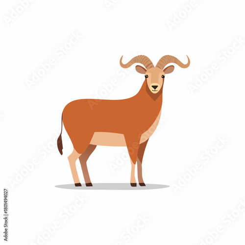 Adorable brown mountain goat or ram with big curved horns flat vector illustration