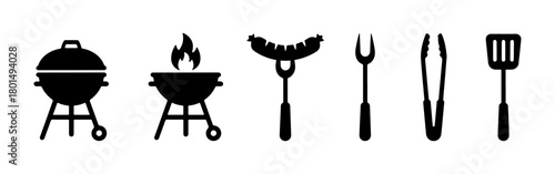 Set of black silhouette barbecue and grilling icons, including grills, sausage, fork, tongs, and spatula.