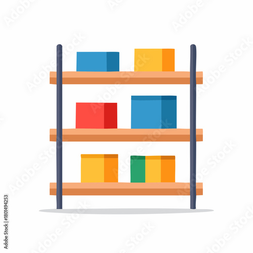 Colorful cubes on wooden shelves for toy storage and organization, bright arrangement