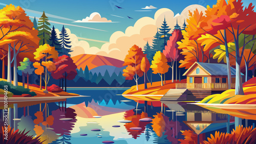 Very beautiful vibrant autumn foliage reflecting across the calm waters of Swartswood Lake at Swartswood Lake State Park, showcasing colorful trees, peaceful shoreline, and a serene seasonal atmospher