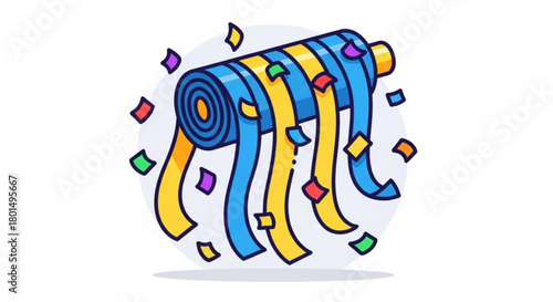 A vibrant illustration featuring a roll of blue and yellow party streamers, surrounded by colorful confetti, isolated on