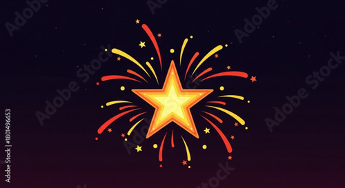 A radiant starburst illustration with a central golden star and bursts of red and yellow light, set against a dark backdrop, creating a festive and celebratory atmosphere