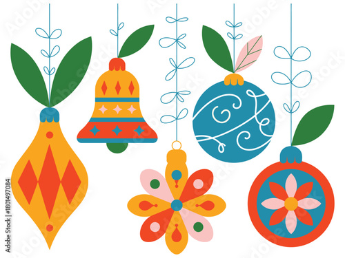 Decorative Christmas ornaments hang suspended, each with a unique pattern and color.